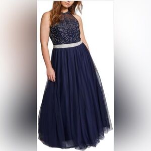 Navy Tulle Prom Dress Plus Size 14W Beaded Bodice Formal Gown NWT